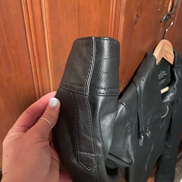 AllSaints black leather jacket. Fully lined, front zip, buckle and snap details. - Picture 10 of 11